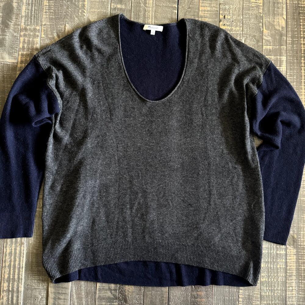 Madewell Womens Kimball Pullover Sweater Size L Blue Gray Colorblock Scoop Neck